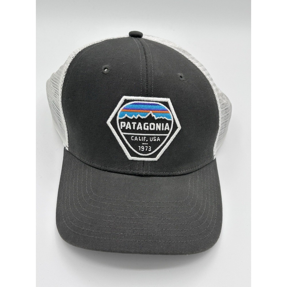 PATAGONIA Fitz Roy Hex Mid Crown Cap Grey Trucker Hat Calif USA 1973 Gorpcore